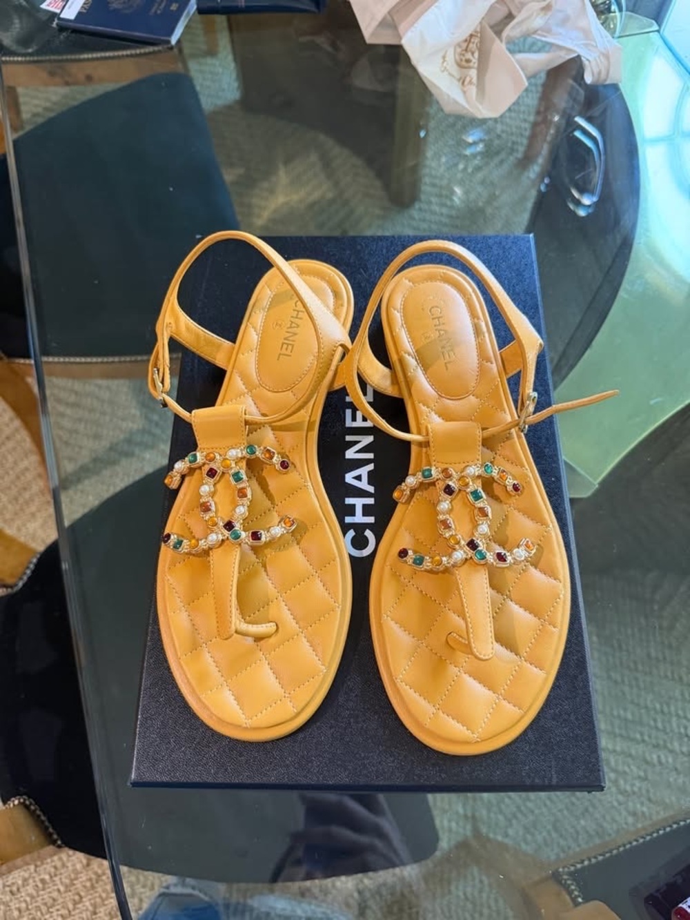 CHANEL Quilted Yellow Leather T-Strap Sandals with Jeweled CC 38.5